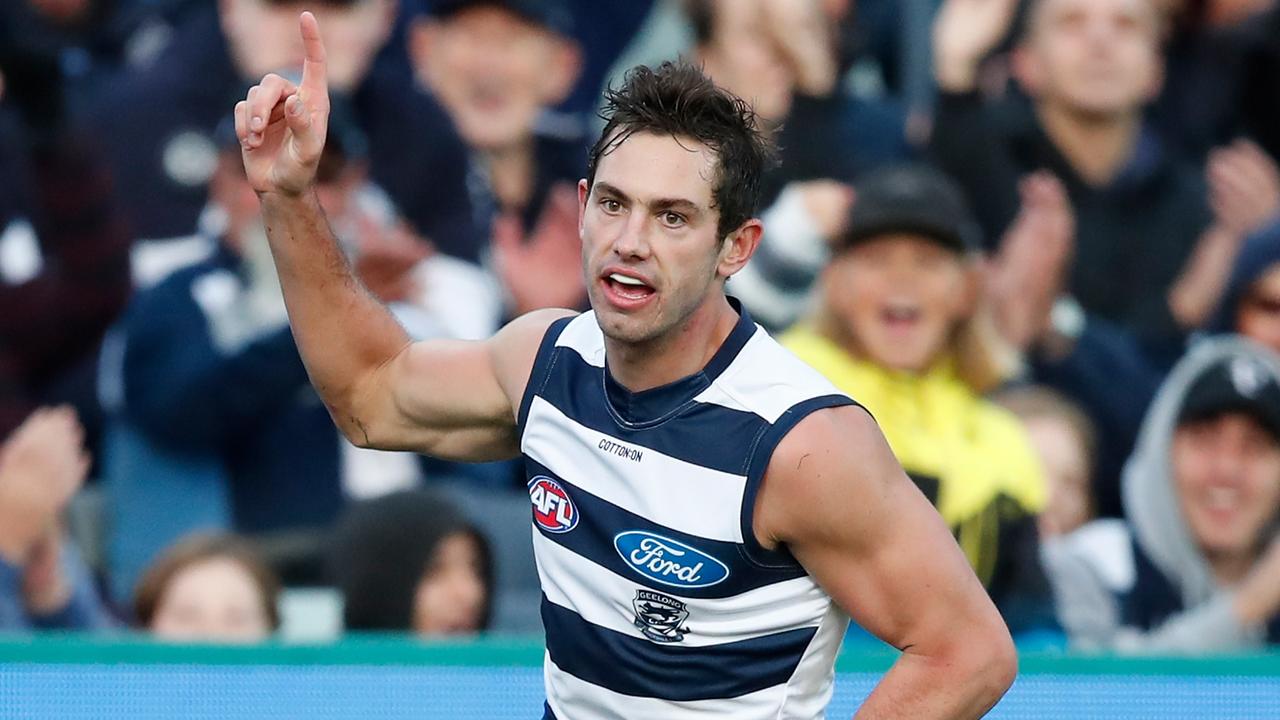 Geelong’s Daniel Menzel celebrates one of his five goals scored against St Kilda. (Photo by Adam Trafford/AFL Media/Getty Images)