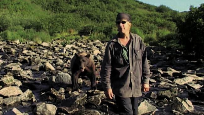 A scene from 2005 film Grizzly Man showing Timothy Treadwell, the man who lived and died among grizzly bears. 