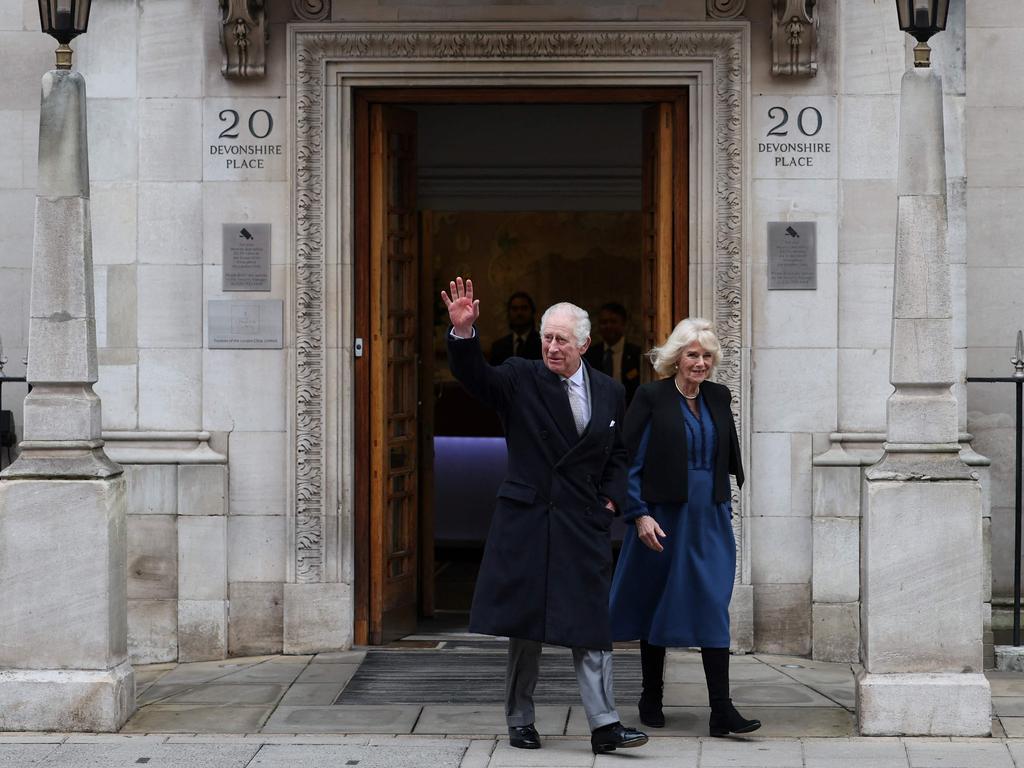 Charles with Camilla at the London Clinic on January 29, days before announcing his cancer diagnosis. Picture: Daniel Leal/AFP