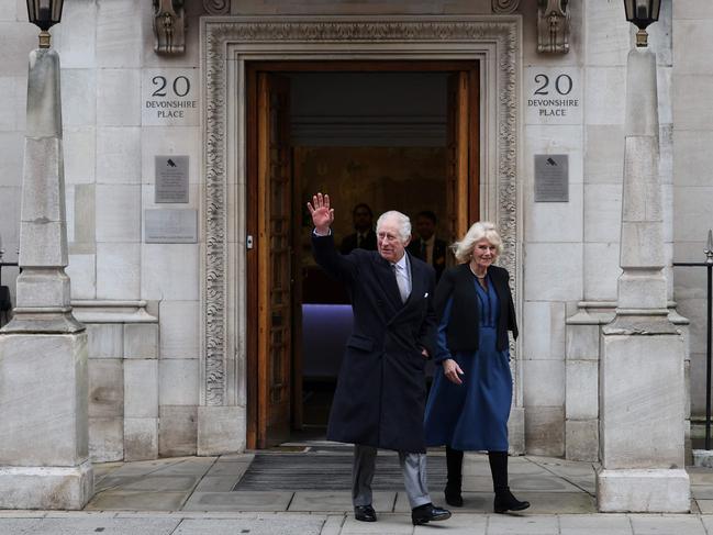 Charles with Camilla at the London Clinic on January 29, days before announcing his cancer diagnosis. Picture: Daniel Leal/AFP