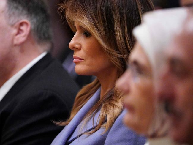 First Lady Melania Trump (C) listens to US President Donald Trump and Turkey's President Recep Tayyip Erdogan (unseen) during a joint press conference. Picture: AFP