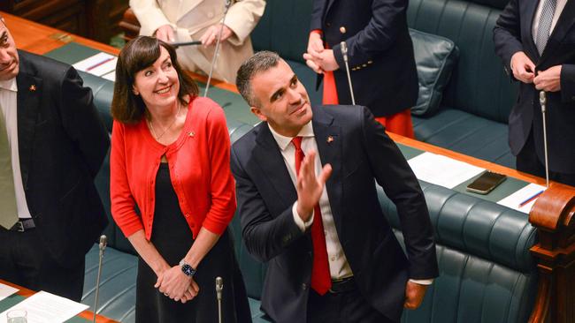 South Australian Premier Peter Malinauskas, right, and Deputy Premier Susan Close prepare to read the Bill to pass the nation’s first Voice to Parliament. Picture: NCA NewsWire / Brenton Edwards