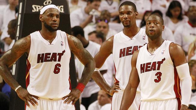 LeBron James, Dwyane Wade and Chris Bosh of the Miami Heat pose