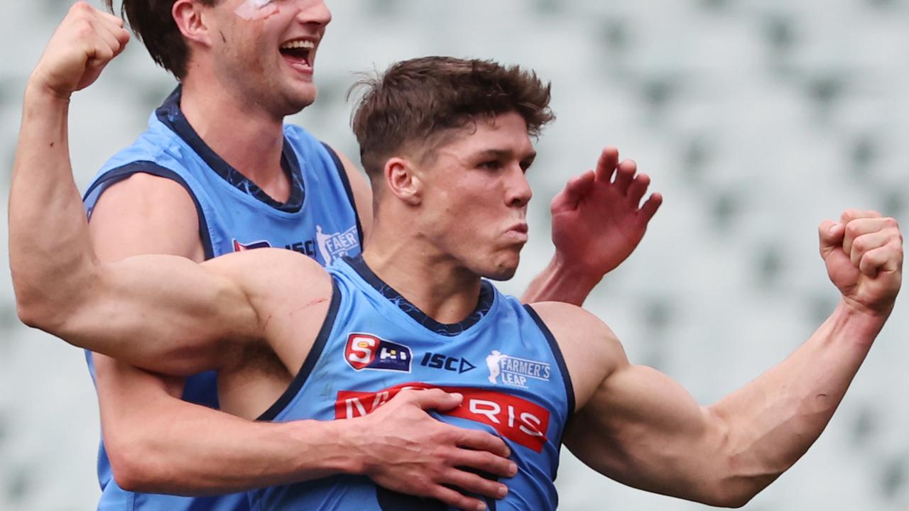 Sturt’s Tom Lewis celebrates a goal against Adelaide in this year’s SANFL preliminary final against Adelaide. Picture: David Mariuz/SANFL