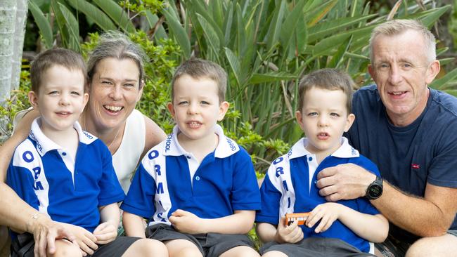 Clare and Adrian Collins with their triplets Liam, Jack and Daniel Collins. Pictures: Renae Droop/RDW Photography