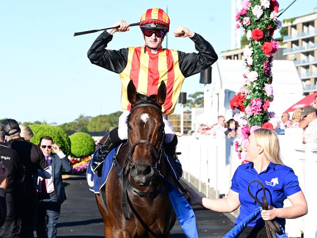 Chris Munce and Kyle Wilson-Taylor combine to win their first Group 1 with Palaisipan in the Tattersall's Tiara at Eagle Farm. Picture: Grant Peters - Trackside Photography