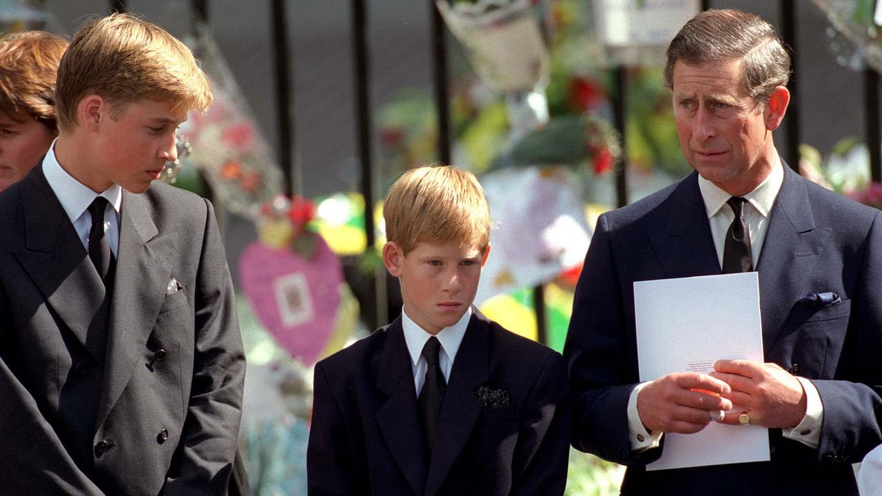 William and Harry with their father Prince Charles outside Westminster Abbey at the funeral on September 6, 1997. Picture: Anwar Hussein/WireImage