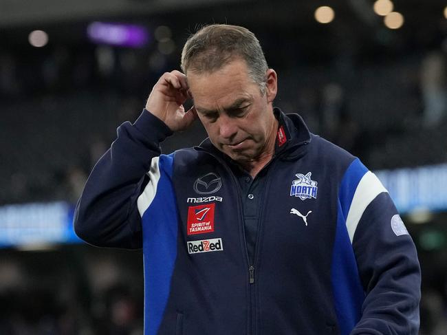 MELBOURNE, AUSTRALIA - JUNE 29: Alastair Clarkson, Senior Coach of the Kangaroos looks on after the round 16 AFL match between North Melbourne Kangaroos and Western Bulldogs at Marvel Stadium, on June 29, 2024, in Melbourne, Australia. (Photo by Daniel Pockett/Getty Images)