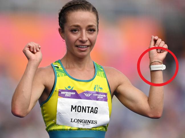 BIRMINGHAM, ENGLAND - AUGUST 06: Jemima Montag of Team Australia celebrates after wining the gold medal in the Women's 10,000m Race Walk Final on day nine of the Birmingham 2022 Commonwealth Games at Alexander Stadium on August 06, 2022 on the Birmingham, England. (Photo by David Ramos/Getty Images)