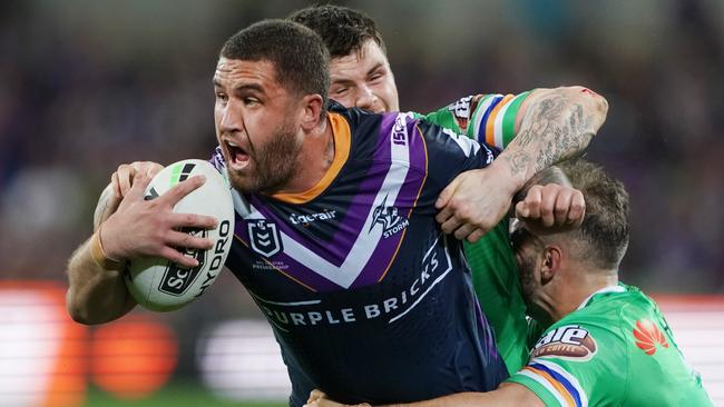 Storm’s Kenneth Bromwich takes on the Raiders defence at AAMI Park. Picture: AAP