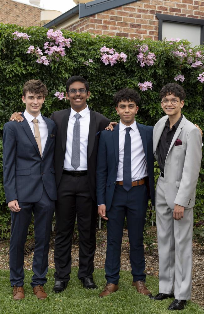 Left to right: Liam Knight, Alan Verghese, Ahmad Mejri and Rohan Sinnadurai pose for a photo at St Paul's Year 10 formal. Picture: Monique Harmer