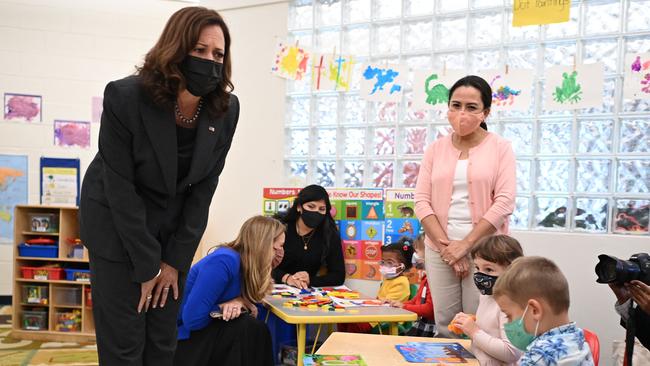 US Vice President Kamala Harris at a childcare centre in New Jersey. Picture: AFP