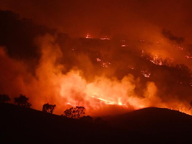 MOUNT ADRAH, AUSTRALIA - JANUARY 10: General view of the Dunn Road fire on January 10, 2020 in Mount Adrah, Australia. NSW is bracing for severe fire conditions, with high temperatures and strong winds forecast across the state. There are about 135 fires burning in NSW, 50 of which are uncontained. 20 people have died in the bushfires across Australia in recent weeks, including three volunteer firefighters. About 1995 homes have been destroyed and another 816 have been damaged across NSW. (Photo by Sam Mooy/Getty Images)