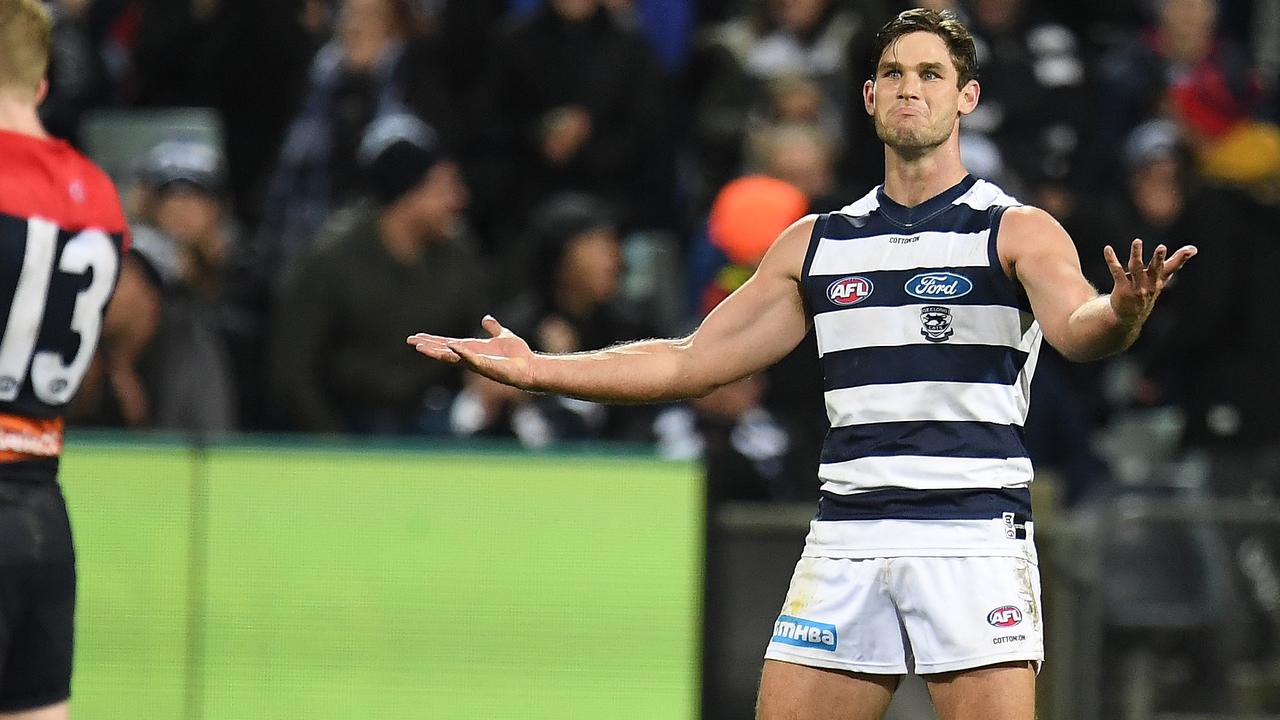 Tom Hawkins reacts after booting a goal.