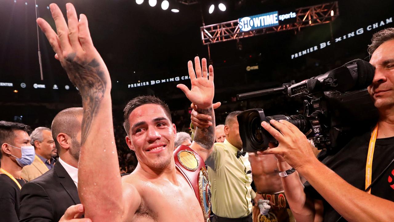 Brian Castano reacts after his Super Welterweight fight against Jermell Charlo. Picture: Getty Images