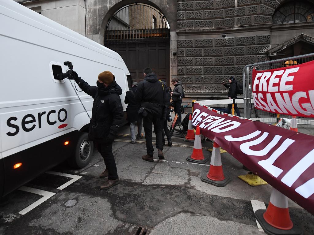 A van carrying Julian Assange arrives at the Old Bailey. Picture: Getty Images