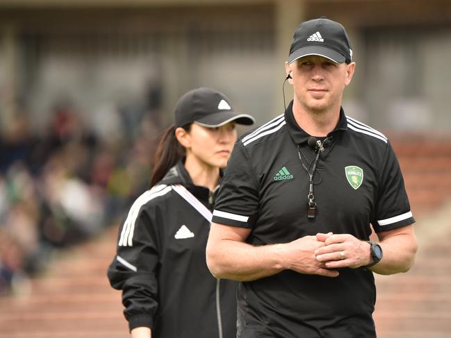 Head coach Simon Cron looks on warm up prior to the NTT Japan Rugby League One match between NEC Green Rockets Tokatsu and Toyota Verblitz. Picture: Kenta Harada/Getty Images.