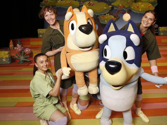 Puppeteers Joanna Halliday, Jessa Koncic, and Jess Minas with Bluey and Bingo from BlueyÃs Big Play at QPAC, Brisbane 4th of May 2021.  The stage show is based on the ABC Kids cartoon Bluey.   (Image/Josh Woning)