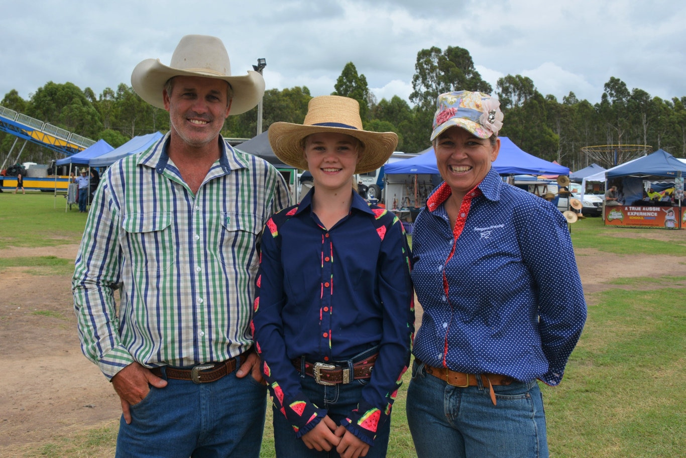 Marty and Giaan Frame from Moola with Maree Perkins at the 71st annual Cooyar Show. Picture: Kate McCormack