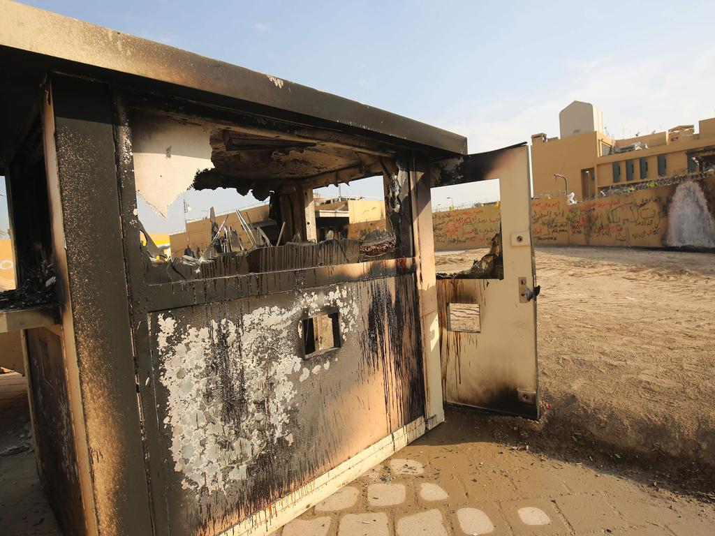 The entrance leading to the US embassy in Baghdad back in January 2020 after a violent protest. Picture: AFP