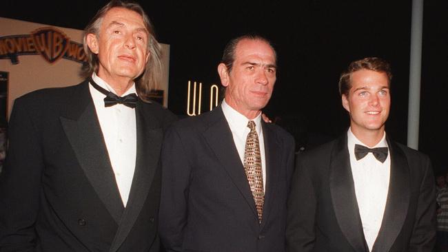 Film director Joel Schumacher with actors Tommy Lee Jones &amp; Chris O'Donnell at Warner Brothers Movie World, Gold Coast, for premiere of 1995 film "Batman Forever".