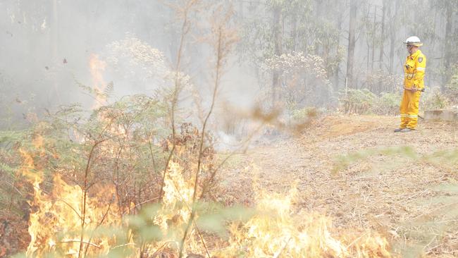 TFS crews conduct a controlled burn in Donnellys Road, Geeveston, to protect a house on Wednesday. Picture: RICHARD JUPE