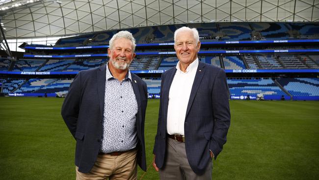 Brad Beetson, son of rugby great Arthur Beetson, alongside Roosters legend Ron Coote at the new Allianz Stadium. Picture: Richard Dobson