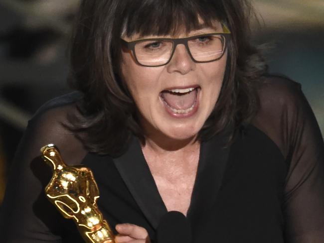 Margaret Sixel accepts the award for best film editing for “Mad Max: Fury Road” at the Oscars on Sunday, Feb. 28, 2016, at the Dolby Theatre in Los Angeles. (Photo by Chris Pizzello/Invision/AP)