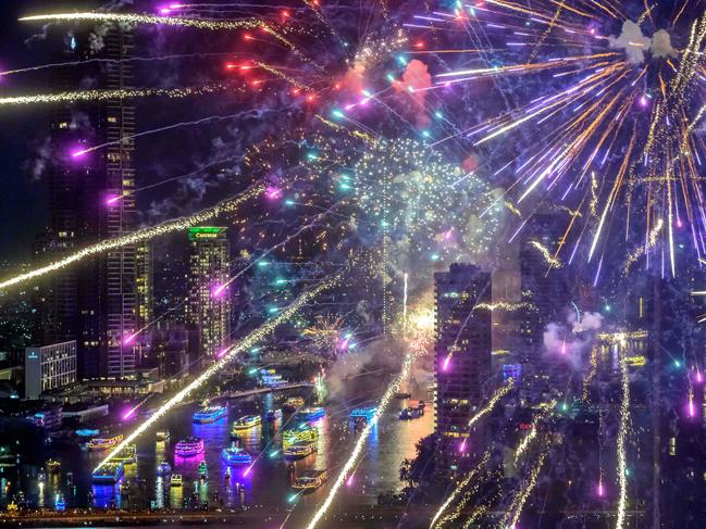 New Year's Eve fireworks erupt over the Chao Phraya river during the fireworks show in Bangkok on January 1, 2021. Picture: AFP