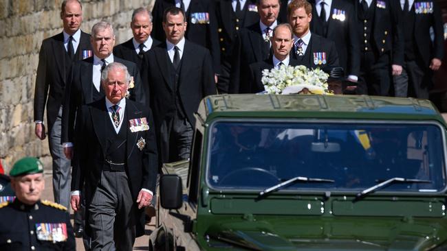 Prince Philip leads the Royal Family in the procession behind Prince Philip’s coffin. Picture: AFP.