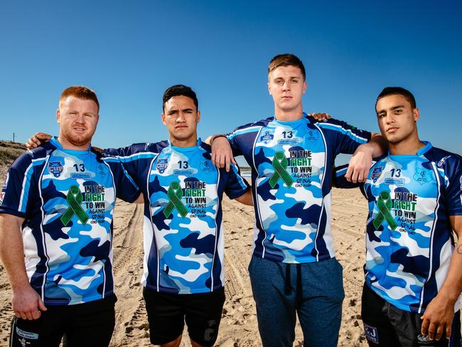 Cabramatta's Kris Keating, Cronulla's Valentine Holmes, Canterbury players Shaun Lane and Michael Liccha, all close friends of Kurt’s, wearing the special 'Unite for Kurt' jerseys. Picture: Jonathan Ng