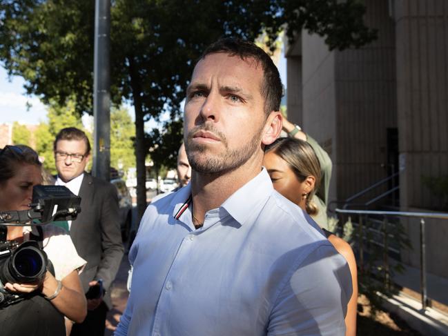 27-02-2024 - Former NT police officer Zachary Rolfe leaves Alice Springs court after day two of him giving evidence at the inquest into the death of Kumanjayi Walker. Picture: Liam Mendes / The Australian