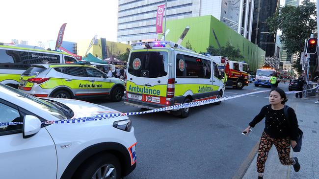 A vehicle collided with pedestrians in George Street on 21st August 2019 Brisbane. Picture: AAP Richard Gosling