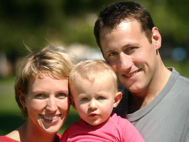 TV presenter James Wakelin with partner, TV presenter Rebecca Morse, and daughter Grace in 2004.