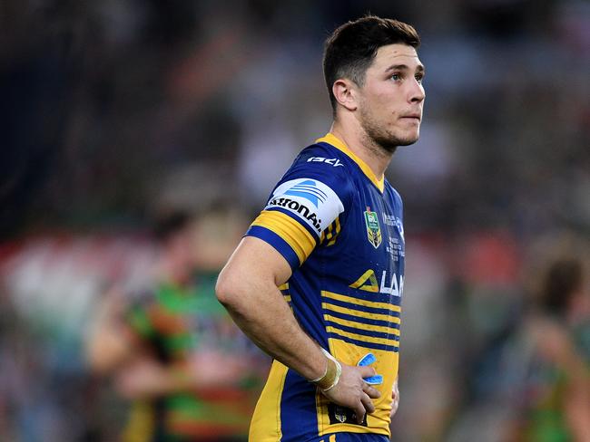 Mitchell Moses of the Eels looks on following his team's loss to the Rabbitohs in the Round 20 NRL match between the South Sydney Rabbitohs and the Parramatta Eels at ANZ Stadium in Sydney, Saturday, July 28, 2018. (AAP Image/Dan Himbrechts) NO ARCHIVING, EDITORIAL USE ONLY