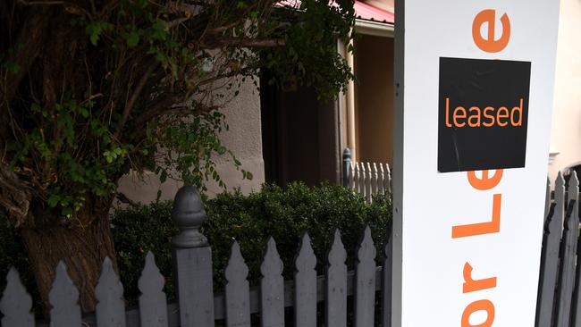 A for lease sign is displayed in front of a house in Sydney. Rents fell 10% in the NSW capital in 2020. Picture: Paul Miller