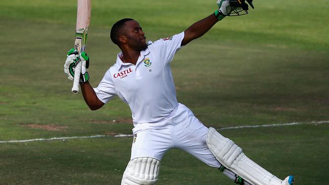 Temba Bavuma celebrates his century. (Photo by Julian Finney/Getty Images)