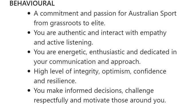 The list of behaviours from the Netball Australia CEO job advert. Picture: Supplied.