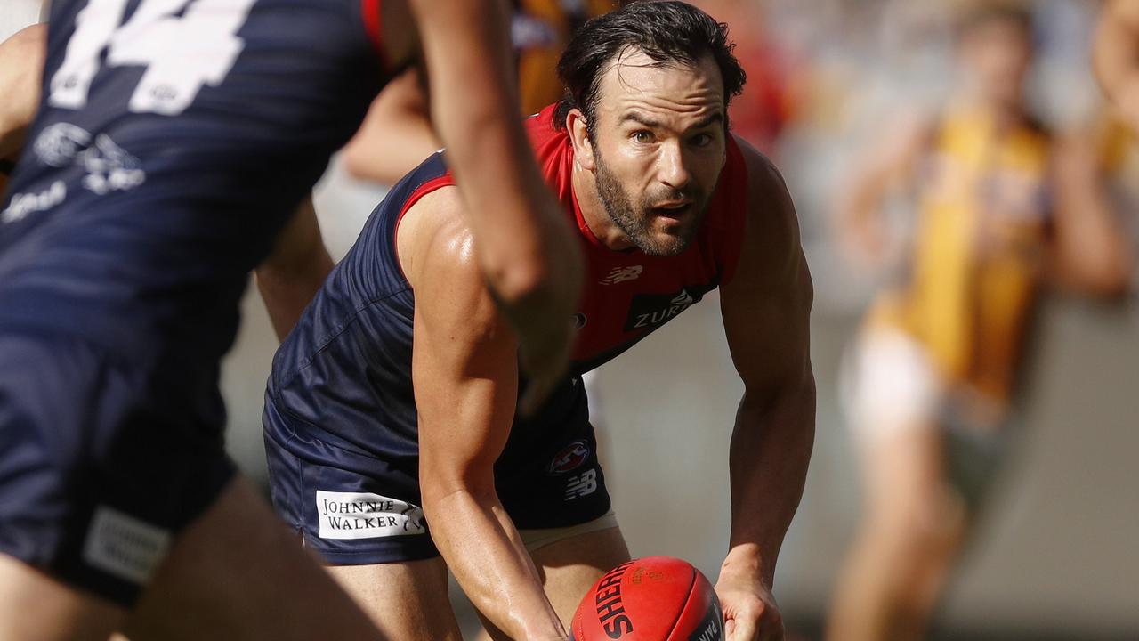 Jordan Lewis had some tough moments against the Hawks. Picture: AAP Images 