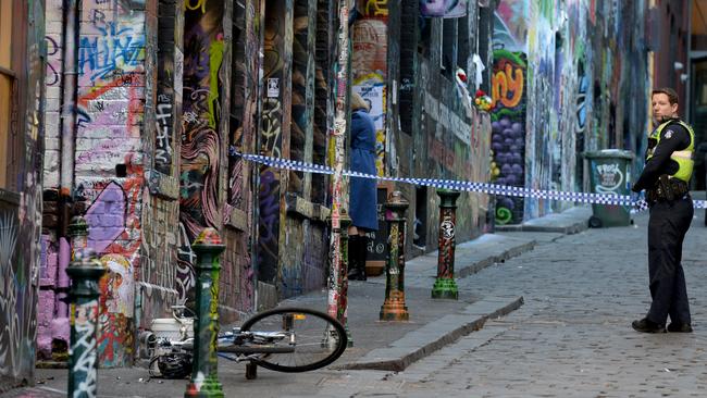 Police block off Hosier Lane near where Jonathan Dick was arrested. Picture: Andrew Henshaw