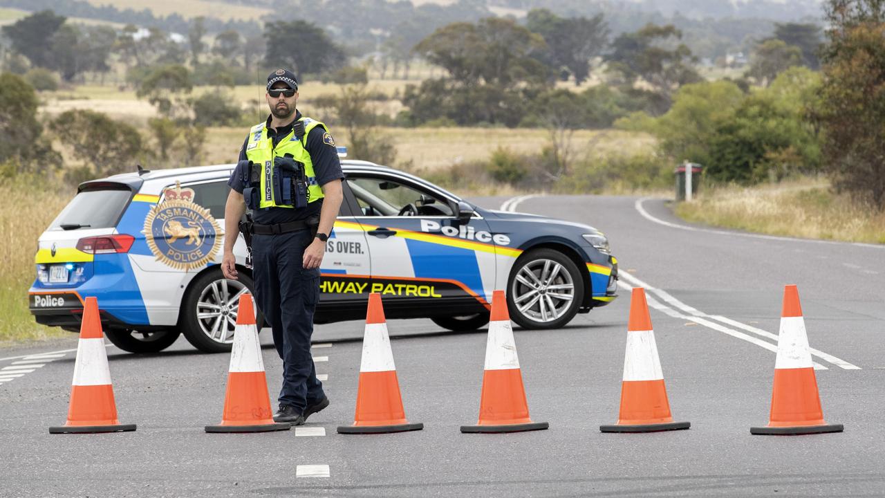 Fatal crash, Tasman Highway, Orielton. Police roadblock at the corner of Brinktop Road and the Tasman Highway. Picture: Chris Kidd