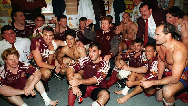 Queensland players in dressing room after win over New South Wales (NSW) in State of Origin, 1995.