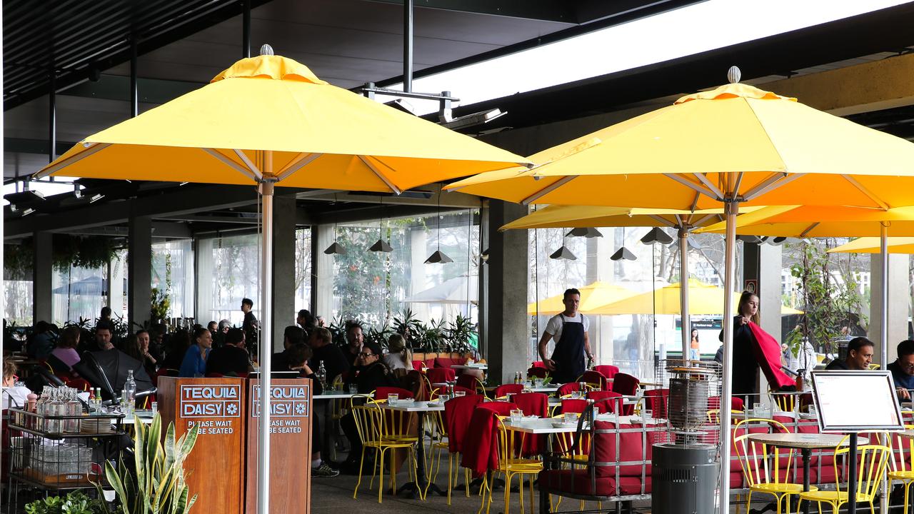 A general view of a restaurant with an empty outdoor seating area in the heart of Barangaroo in Sydney CBD during lunch time. Picture: NCA Newswire/Gaye Gerard