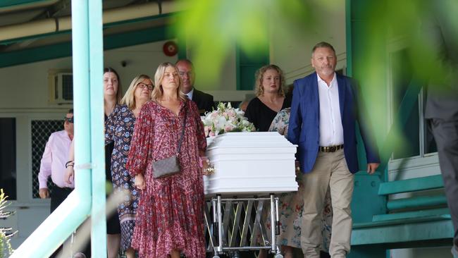 Tayla’s parents escorted the casket from the church but not before briefly addressing the crowd in person, thanking police, first responders, the funeral home and the Queensland Homicide Victim’s Support group. Photo: Steve Vit.