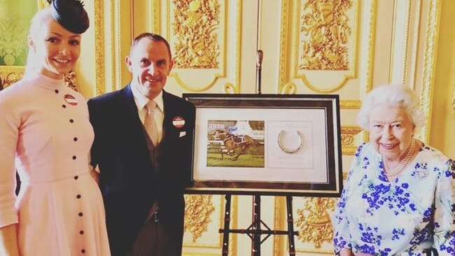 Stephanie and Chris Waller with The Queen presenting the framed photo and racing plate from Winx winning the 2019 Queen Elizabeth Stakes at her last start. Picture: Instagram