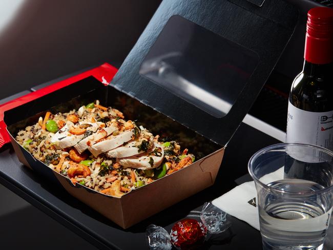 Qantas Economy dining - Asian rice salad with a soy and cashew crumble. Picture: Supplied