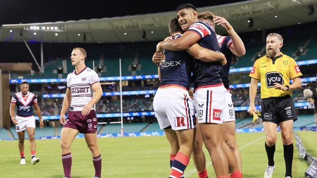 Daniel Tupou celebrates a try against the Sea Eagles at the SCG. Picture: Mark Evans/Getty Images