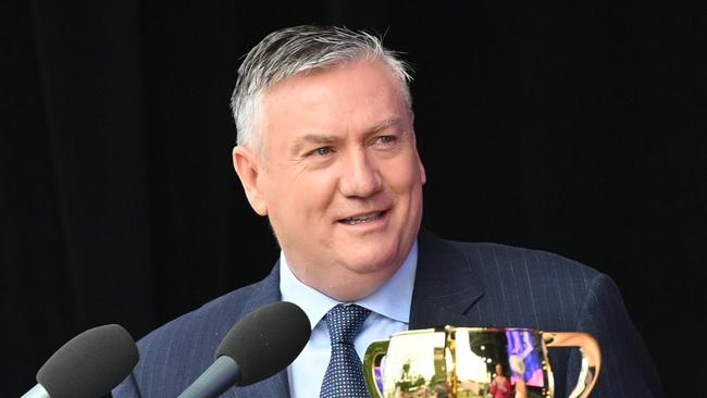 MELBOURNE, AUSTRALIA - OCTOBER 28: Eddie McGuire, Channel 9 personality speaking during the 2024 Melbourne Cup Carnival Launch at Flemington Racecourse on October 28, 2024 in Melbourne, Australia. (Photo by Vince Caligiuri/Getty Images)