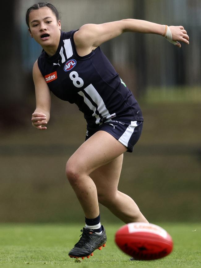 Mekah Morrissy has long been a leader at Geelong Falcons, first as a vice-captain in 2023 before taking over the captaincy in 2024. Picture: Martin Keep/AFL Photos/via Getty Images