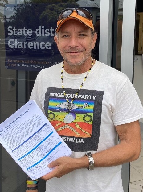 Brett Duroux when he was campaigning for the Indigenous Aboriginal Party at the NSW state election ballot draw at Grafton. Picture: Matt Gazy